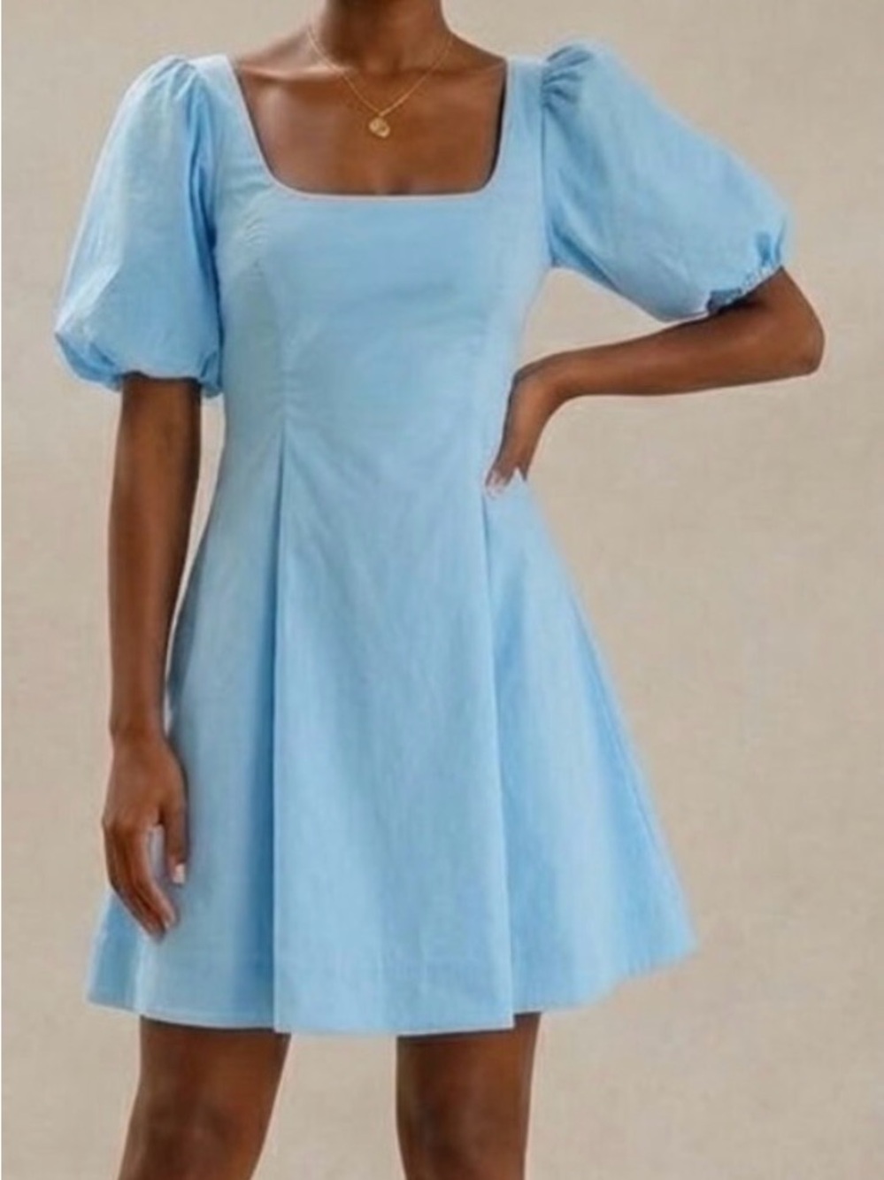 Staud Light Blue Square Neck Puff Sleeve Mini Dress